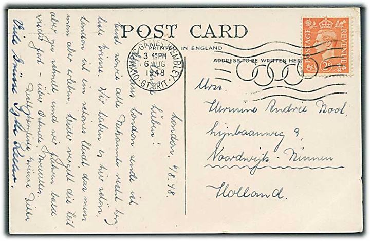 2d George VI på brevkort annulleret med olympiade stempel Olympic Games Wembley d. 6.8.1948 til Nordwijk, Holland.