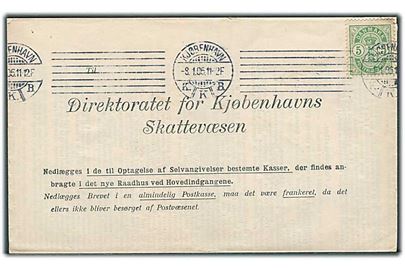5 øre Våben på lokalbrev med selvangivelse til Skattevæsnet i Kjøbenhavn d. 8.1.1906.