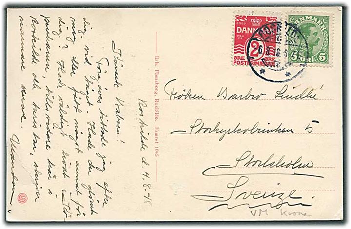 5 øre Chr. X og 2 øre Bølgelinie vm. III på brevkort fra Roskilde d. 6.8.1918 til Stockholm, Sverige.