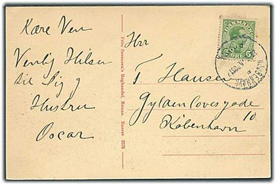 5 øre Chr. X på brevkort annulleret med sejlende bureaustempel Kjøbenhavn - * Rønne Post2 d. 25.6.1916 til København.