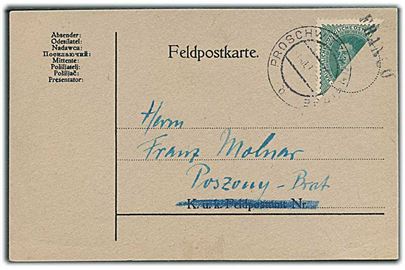 Halveret østrigsk 20 h. Kaiser Karl I anvendt i Tjekkoslovakiet på filatelistisk brevkort stemplet Franco og Proschwitz ca. 1918 til Poszony-Brat.