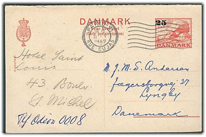 25/20 øre Provisorisk svardel af dobbelt brevkort (fabr. 133) annulleret med fransk stempel i Paris d. 11.5.1949 til Lyngby, Danmark.