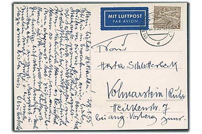 Berlin. 15 pfg. Luftpost på indenrigs luftpost brevkort fra Berlin d. 28.1.1955 til Volmarstein.