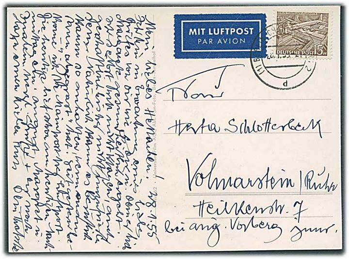 Berlin. 15 pfg. Luftpost på indenrigs luftpost brevkort fra Berlin d. 28.1.1955 til Volmarstein.