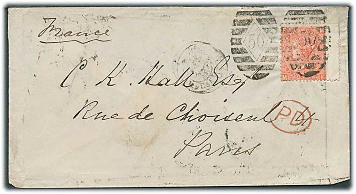 4d Victoria på brev stemplet 50 via London d. 17.7.1868 til Paris, Frankrig.