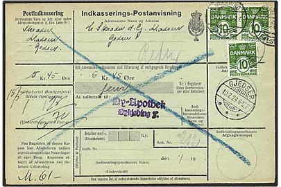 10 øre grøn bølgelinie på postanvisning fra Nykøbing F. d. 9.2.1929 til Gedser.