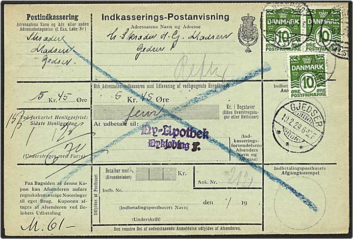 10 øre grøn bølgelinie på postanvisning fra Nykøbing F. d. 9.2.1929 til Gedser.