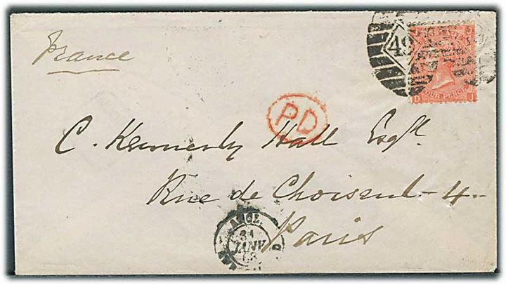 4d Victoria på brev annulleret med nr.stempel 49 fra London d. 30.1.1868 til Paris, Frankrig.