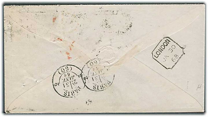 4d Victoria på brev annulleret med nr.stempel 49 fra London d. 30.1.1868 til Paris, Frankrig.
