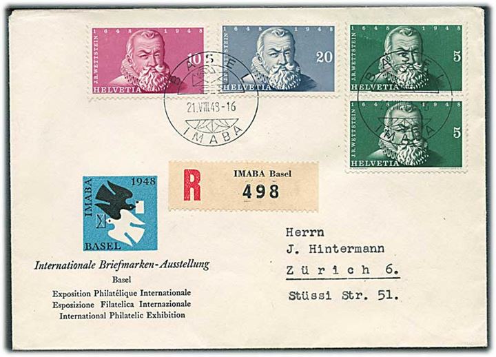 5 c. (par), 10 c. og 30 c. Wettstein på anbefalet udstillingskuvert fra Imaba i Basel d. 21.8.1948 til Zürich.