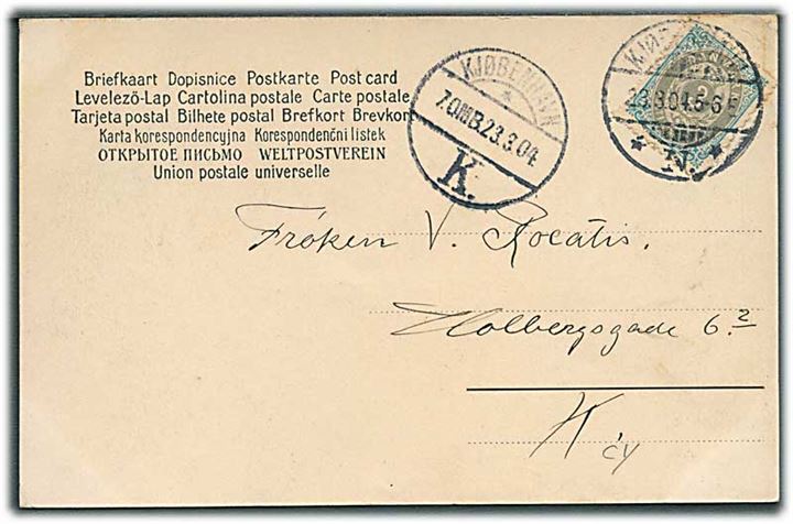 3 øre Tofarvet vm. III omv. rm. på lokalt brevkort i Kjøbenhavn d. 23.3.1904.