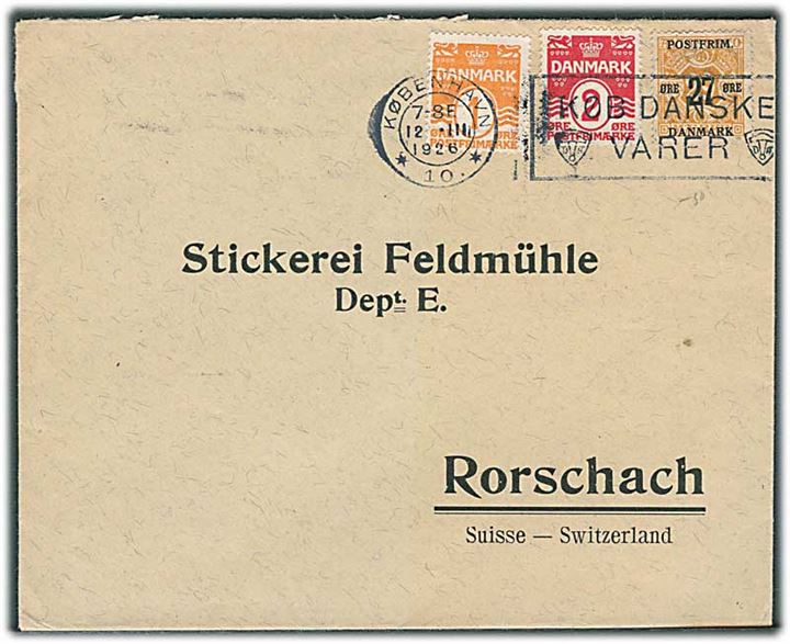 1 øre, 2 øre Bølgelinie og 27/29 øre Provisorium på brev fra København d. 12.3.1926 til Rorschach, Schweiz.