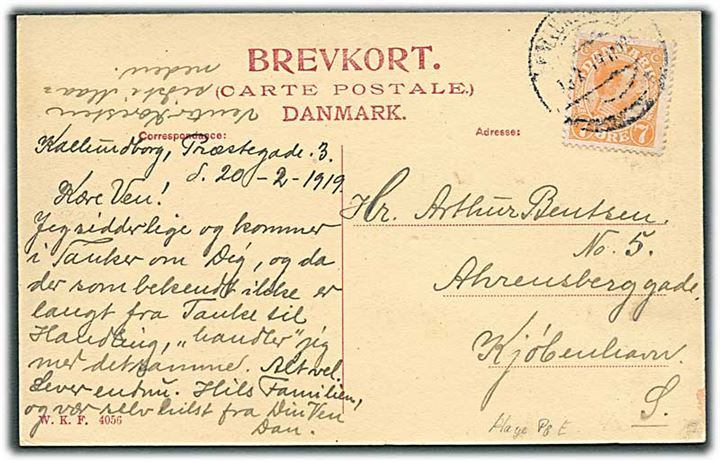 7 øre Chr. X, med variant Midterstreg i E sammenhængende med fodstreg pos. 30, på brevkort fra Kallundborg d. 20.2.1919 til København.