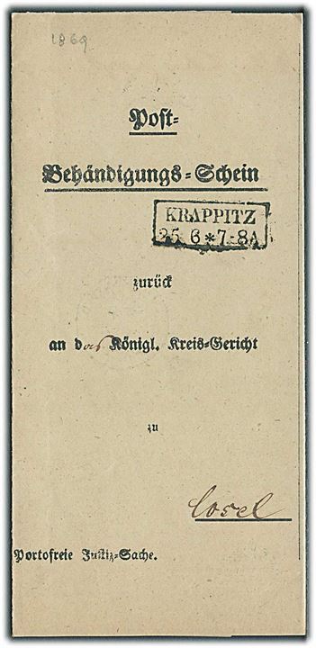 Post-Behändigungs-Schein stemplet Krappitz d. 25.6.1869 til Cosel.