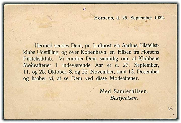 10 øre Luftpost og 10+5 øre Kræftmærke på luftpostkort annulleret med særstempel Aarhus Philatelistklub Luftpost Aarhus-København d. 26.9.1932 via København Luftpost til Horsens.