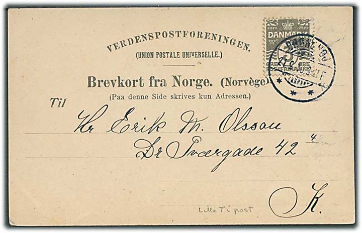 3 øre Bølgelinie med variant Lille T i Post på lokalt brevkort stemplet Brønshøj d. 21.9.1910 til København. AFA: 1000,-