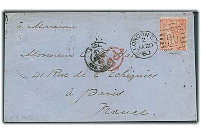 4d Victoria på brev stemplet London/90 d. 20.1.1863 til Paris, Frankrig.