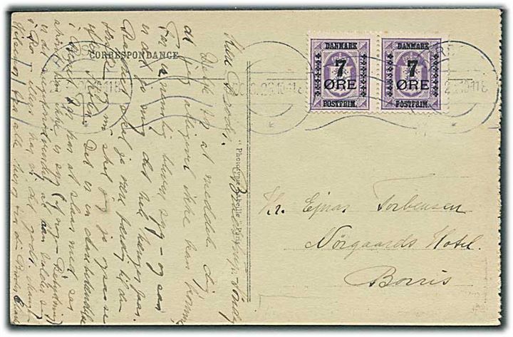 7/15 øre Provisorium i parstykke, venstre med variant Langt Bredt E i Øre, på brevkort fra Horsens d. 26.9.1926 til Paris, Frankrig.