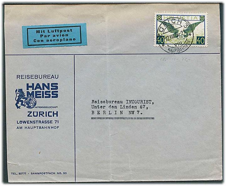 40 c. Luftpost single på luftpostbrev fra Zürich d. 12.8.1936 til Berlin, Tyskland.