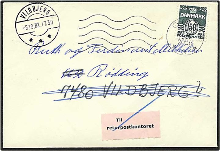 150 øre grøn bølgelinie på brev fra Give d. 4.10.1982 til Rødding. Omadresseret til Vildbjerg. Postal vignet P 37 (4-77 A 8).