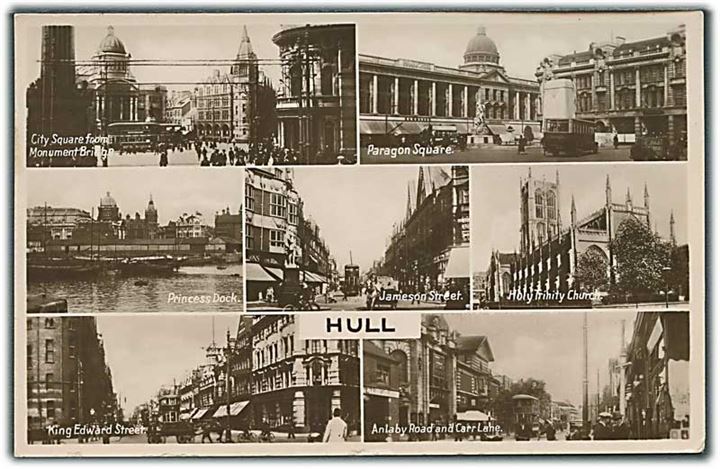 Partier fra Hull med bla. Princess Dock, Jameson Street, City Square med sporvogn. The Milton series. Fotokort u/no.