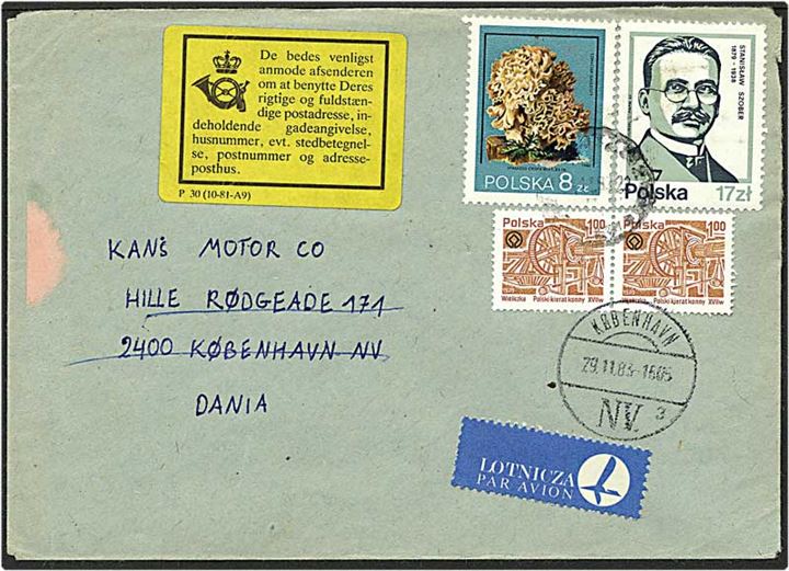 Luftpost brev fra Polen til København d. 29.11.1983. Postal vignet omkring fuldstændig adresse.