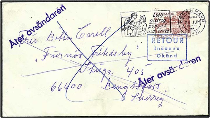 1 kr. rød Europamærke på brev fra København d. 24.6.1977 til Bengtsfors, Sverige. Brevet er returneret.