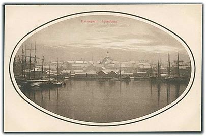 Havneparti med skibe i Svendborg. P. Brandts Boghandel no. 41469.