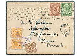 Engelsk ½d og 1½d George V på underfrankeret brev fra Godalmine d. 1.3.1934 til Kerteminde, Danmark. Udtakseret i porto med 1 øre (par) og 10 øre Portomærker annulleret med liniestempel Kjerteminde d. 3.3.1934.