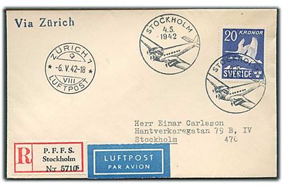 20 kr. Flyvende Gæs på anbefalet luftpostbrev fra Stockholm d. 4.5.1942 via Zürich, Schweiz til Stockholm, Sverige.