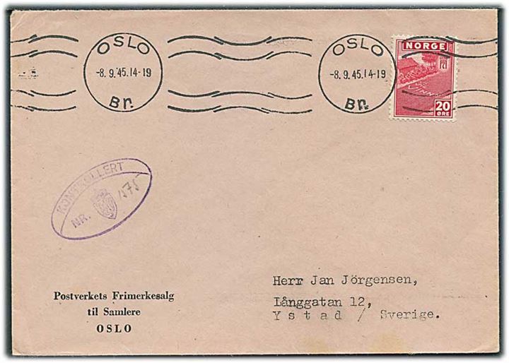 20 øre London udg. på brev fra Oslo d. 8.9.1945 til Ystad, Sverige. Norsk efterkrigscensur Kontrolleret Nr. 1575.