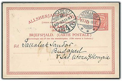 10 aur To Konger helsagsbrevkort fra Reykjavik d. 27.11.1907 til Budapest, Ungarn. Uden meddelelse på bagsiden.