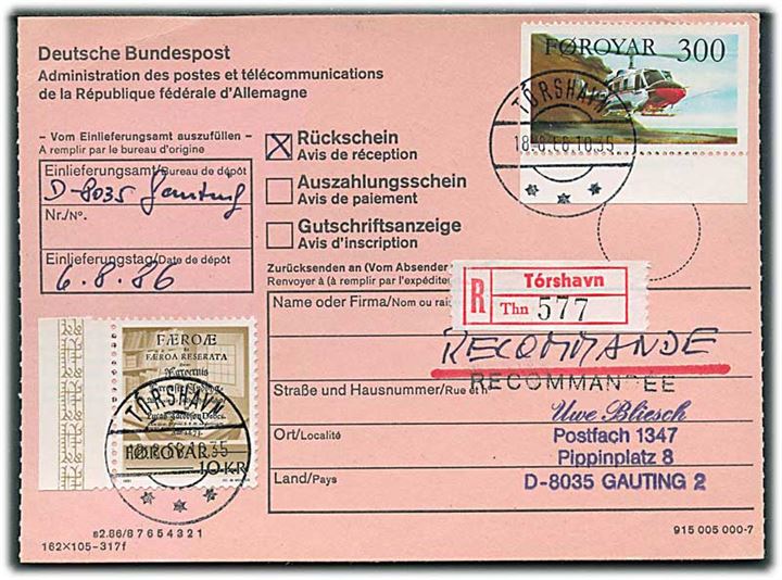 3 kr. Helikopter og 10 kr. Historiske skrifter på tysk modtagelsesbevis sendt anbefalet fra Tórshavn d. 18.8.1986 til Gauting, Tyskland.