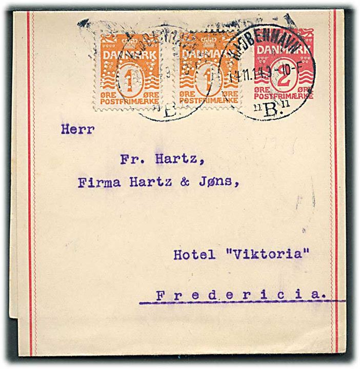 1 øre Bølgelinie (2) med perfin “”H&I” som opfrankering på 2 øre helsagskorsbånd fra firma Hartz & Jöns i Kjøbenhavn d. 14.11.1914 til Fredericia.