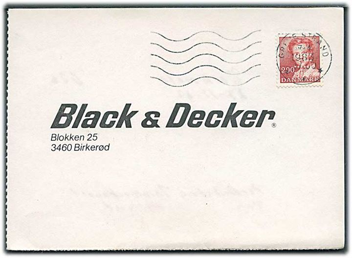 2 kr. Margrethe med perfin “HiH” (Haand i Haand) på registreringsbevis sendt som brevkort fra Greve Strand d. 7.4.1983 til Birkerød.