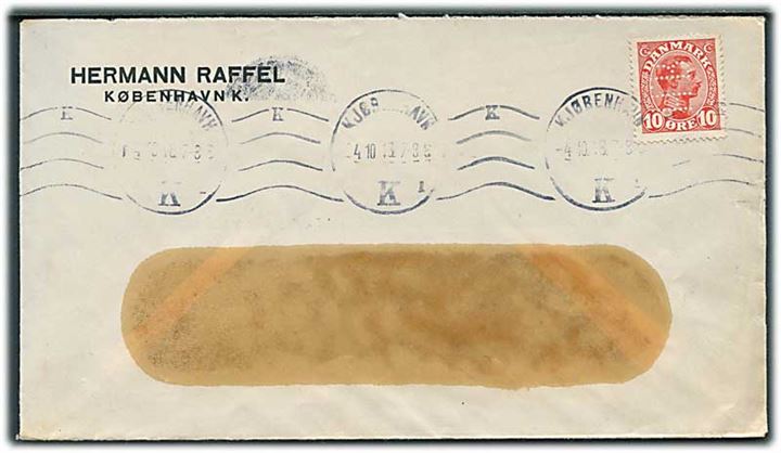 10 øre Chr. X med perfin “H.R.” på rudekuvert fra Hermann Raffel i Kjøbenhavn d. 4.10.1918 til Assens.