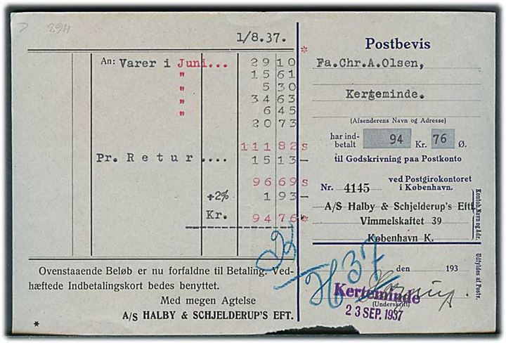 5 øre Bølgelinie med perfin “H.S.” på tryksag fra A/S Halby & Schjelderup’s Eft. i København d. 13.8.1937 til Kerteminde.