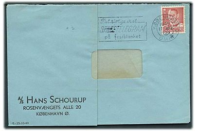 20 øre Fr. IX med perfin “H.S.” på rudekuvert fra A/S Hans Schourup fra København d. 17.4.1950. Foldet.