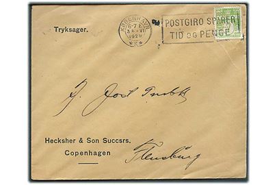 7 øre Bølgelinie med perfin “H&S.” på tryksag fra Hecksher & Son Succsrs i København d. 3.6.1929 til Flensburg, Tyskland.