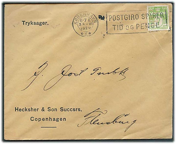 7 øre Bølgelinie med perfin “H&S.” på tryksag fra Hecksher & Son Succsrs i København d. 3.6.1929 til Flensburg, Tyskland.