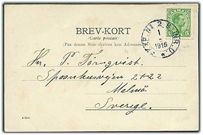5 øre Chr. X på brevkort fra Klampenborg annulleret med svensk bureaustempel PKXP.No. 2 B INR. U. d. 1.2.1916 til Malmö, Sverige.