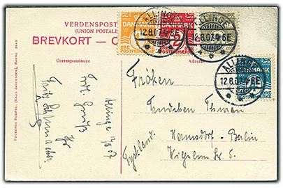 1 øre, 2 øre, 3 øre og 4 øre Bølgelinie på 4-farve frankeret brevkort fra Allinge d. 12.8.1907 til Berlin, Tyskland.