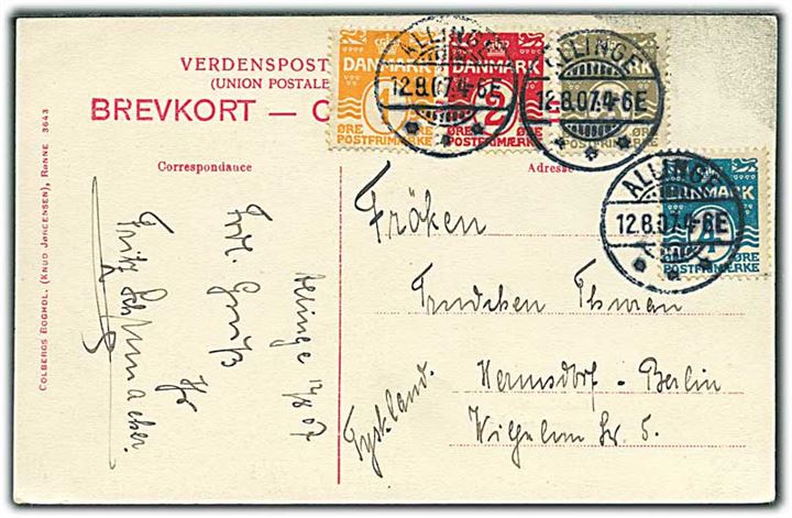 1 øre, 2 øre, 3 øre og 4 øre Bølgelinie på 4-farve frankeret brevkort fra Allinge d. 12.8.1907 til Berlin, Tyskland.