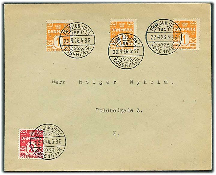 1 øre (3) og 2 øre Bølgelinie på lokal tryksag annulleret med særstempel Frim.Jub.Udst. København d. 22.4.1926.