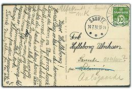 10 øre Bølgelinie på brevkort fra Fredericia d. 9.7.1930 til Saunte pr. Helsingør - eftersendt til pr. Aalsgaarde og påskrevet Ubekendt i Saunte og brotype IIIc Saunte d. 10.7.1930.