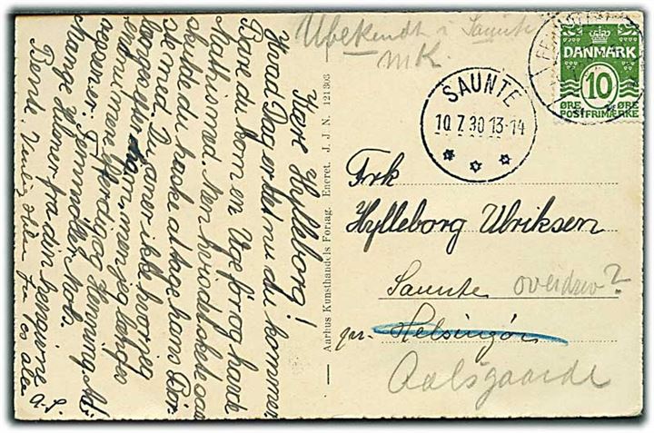 10 øre Bølgelinie på brevkort fra Fredericia d. 9.7.1930 til Saunte pr. Helsingør - eftersendt til pr. Aalsgaarde og påskrevet Ubekendt i Saunte og brotype IIIc Saunte d. 10.7.1930.