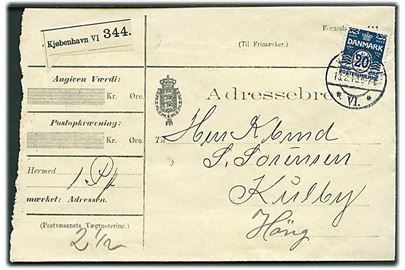 20 øre Bølgelinie single på adressebrev for pakke fra Kjøbenhavn d. 13.2.1913 til Kulby pr. Høng.