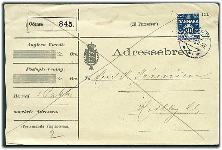 20 øre Bølgelinie single på adressebrev for pakke fra Odense d. 20.12.1913 til Kulby pr. Høng.