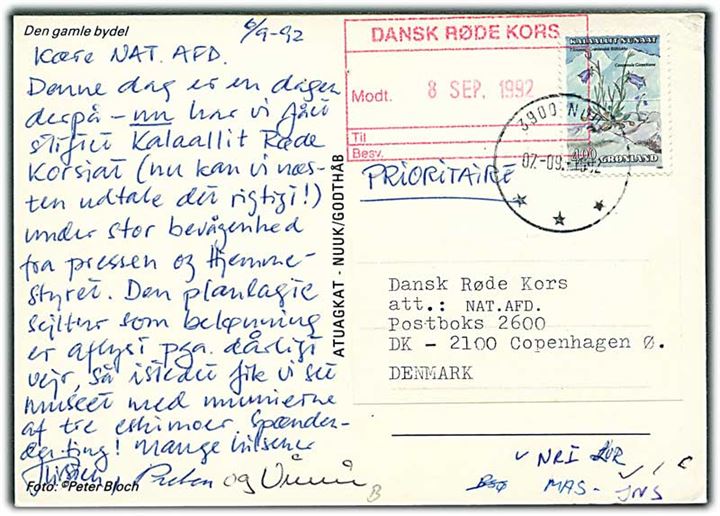 4 kr. Blomster på brevkort (Den gamle bydel Atuagkat) fra Godthåb d. 7.9.1992 til Dansk Røde Kors i København.