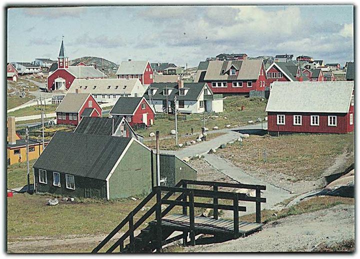 4 kr. Blomster på brevkort (Den gamle bydel Atuagkat) fra Godthåb d. 7.9.1992 til Dansk Røde Kors i København.
